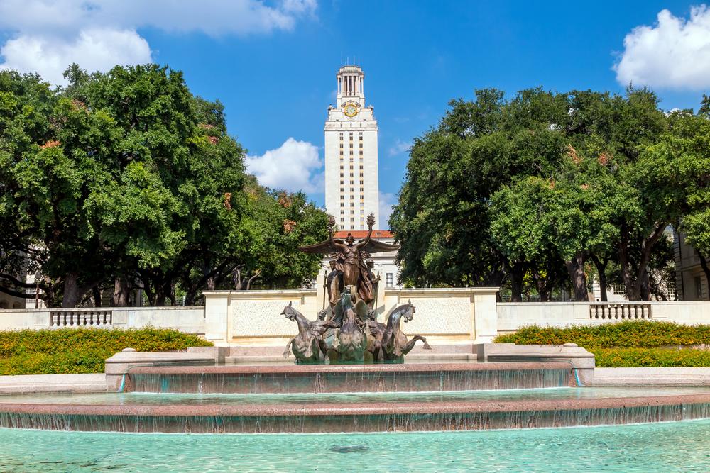 The University of Texas Tower and Littlefield Fountain on the UT Austin campus